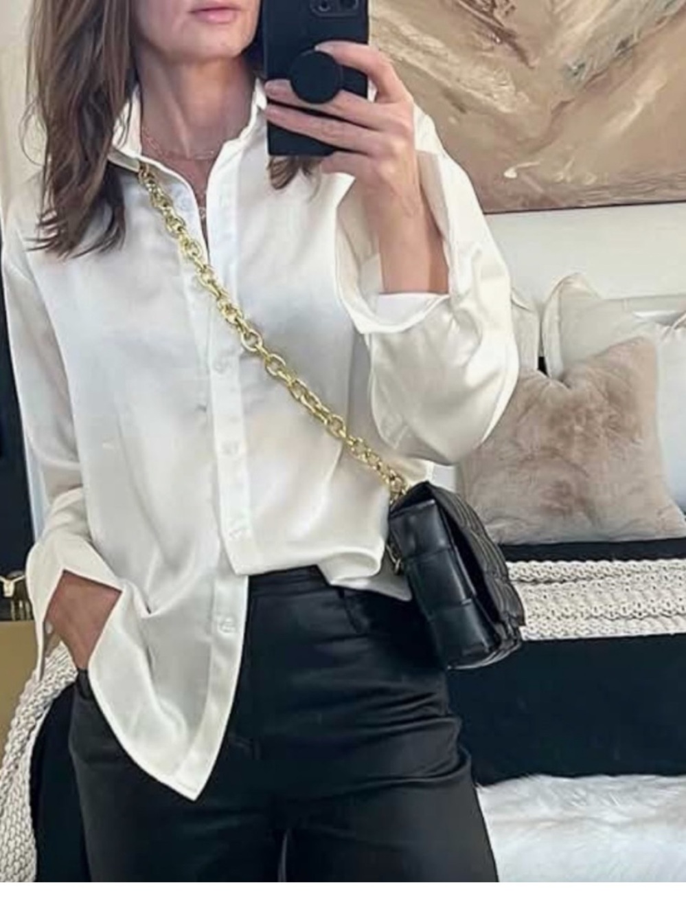 Ambiance Ivory Satin Long-Sleeve Button-Front Blouse S